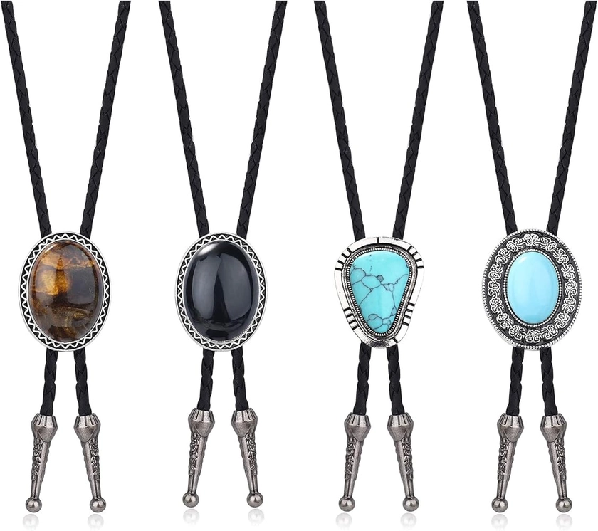 FIOROYAL 4 Pcs Bolo Tie for Men Boys Western Cowboy Necktie Natural Turquoise Tiger Eye Stone Necktie Native Bolo Tie Jewelry