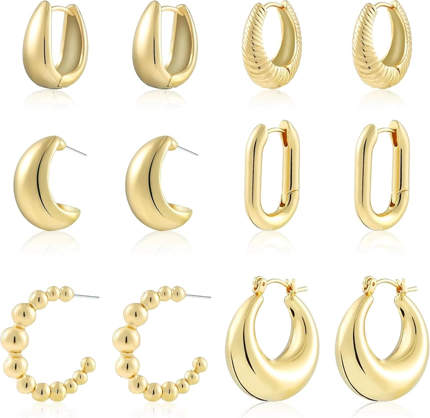 6 Pairs Gold Hoop Earrings for Women, 14K Gold Plated Lightweight Chunky Hoop Earrings Set Hypoallergenic, Thick Open Huggie Hoops Earrings Jewelry for Gifts.