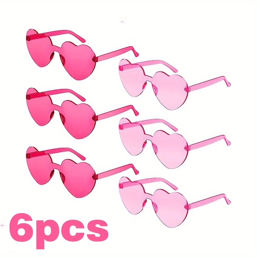 6pcs Rimless Fashion Sunglasses Heart Shaped One-piece Sunglasses Trendy Transparent Candy Color Eyewear For Party Favor