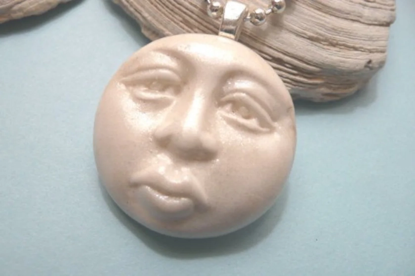 Moon Necklace or Pendant, White Moon Face Jewelry, Celestial Charm, Artsy Clay Handmade