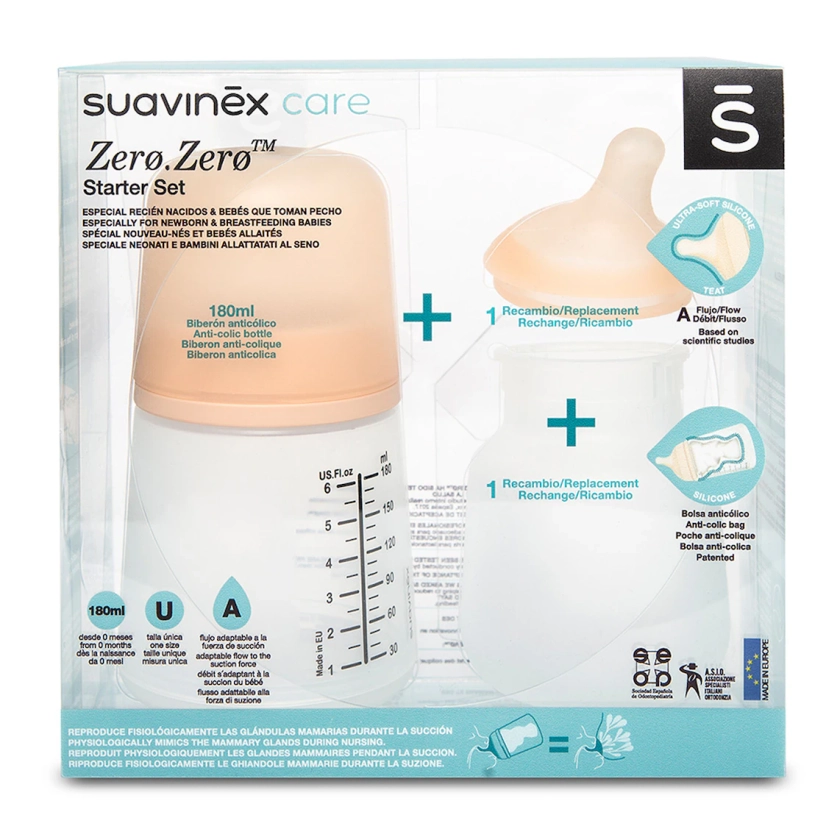 Pack de Lactancia Suavinex: Biberón ZeroZero Anticólicos Flujo Adaptable + Tetina recambio + Bolsa Anticólicos recambio