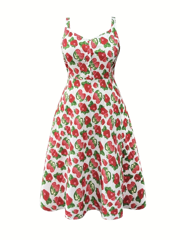 Plus Size Strawberry Print Cami Dress, Elegant Sleeveless Dress For Spring &amp; Summer, Women&#39;s Plus Size Clothing