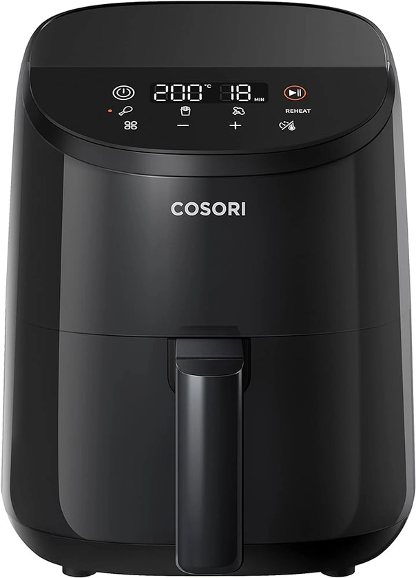 COSORI Small Air Fryer, 2L, Led Touch-control Display, 900W, 53% Faster, Nonstick and Dishwasher Safe, 30 Online Recipes, Low Noise, 97% Less Oil, Black