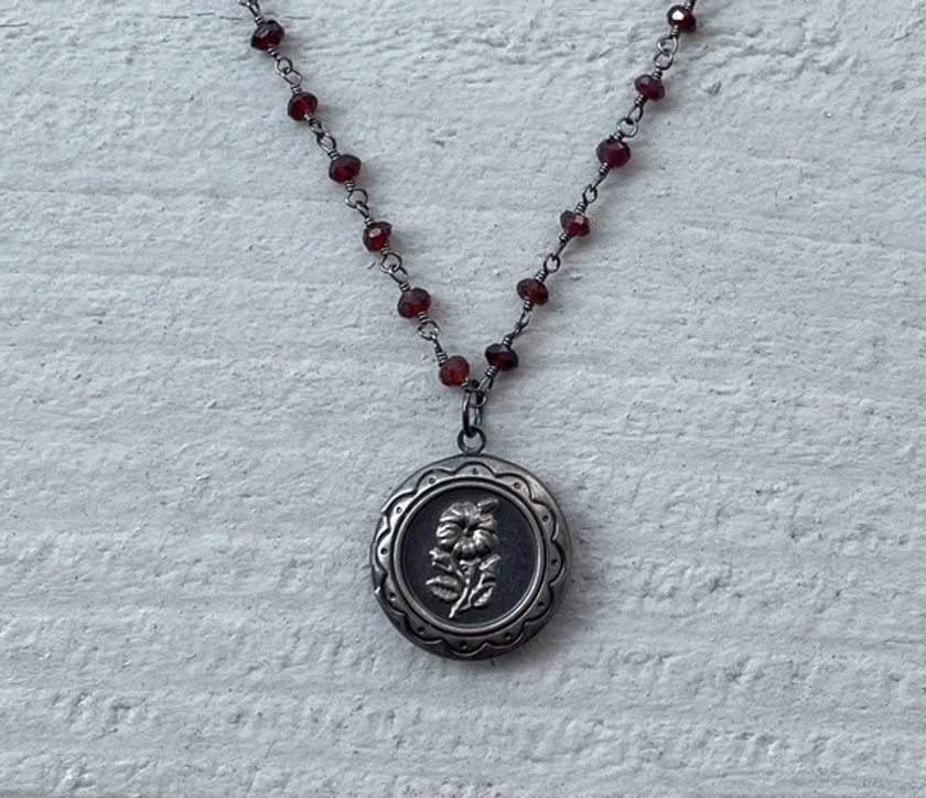 Gunmetal garnet locket necklace