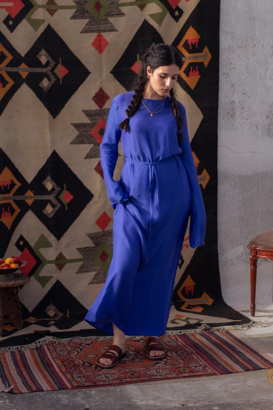 Dalia hand-woven silk dress (Yaffa blue)