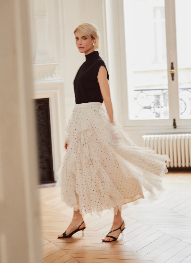 Cream Polka Dot Tulle Maxi Skirt