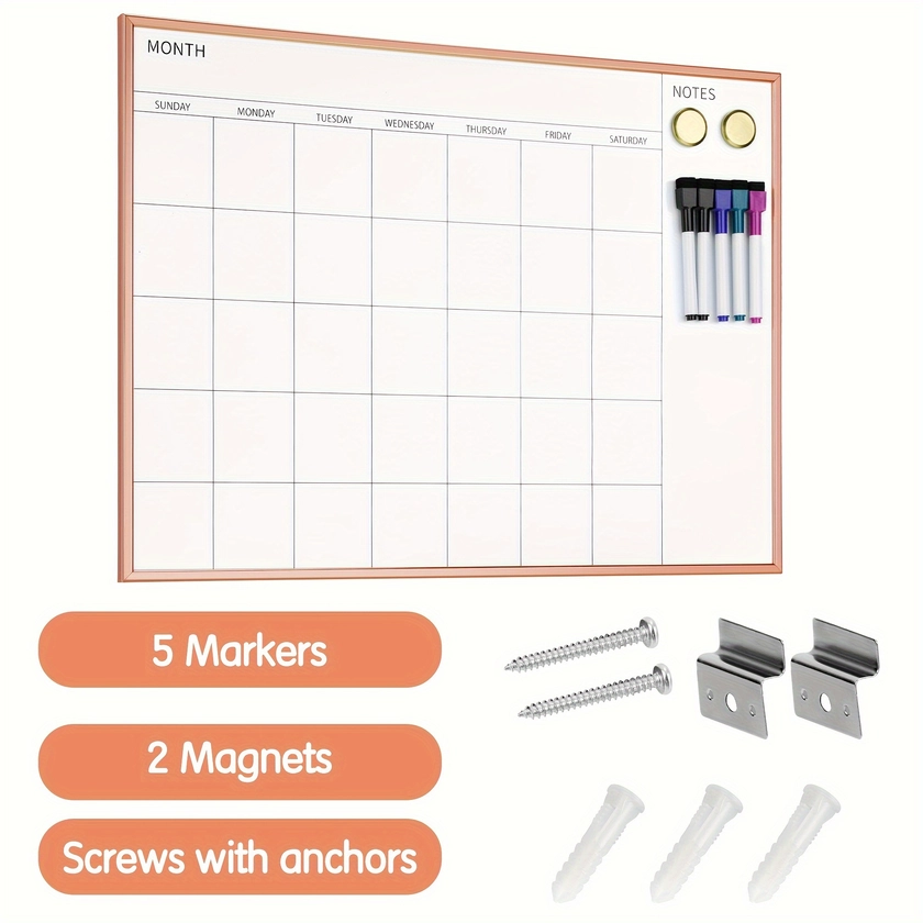 * 17'' x 23'' Magnetic Dry Erase Calendar Whiteboard Set, 2 magnets, 5 Markers with Integrated Felt Eraser, Golden Wooden Frame, Magnetic Monthly C