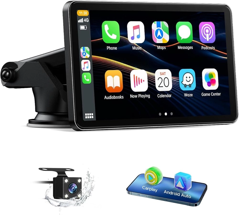 Volam Ecran Carplay Voiture avec Carplay sans Fil Android Auto,1080p Caméra de Recul, 7 Pouces Ecran Tactile, Lien Miroir, Navigation, Siri, G00gle Assistant Vocal, Bluetooth 5.0, Aux, FM