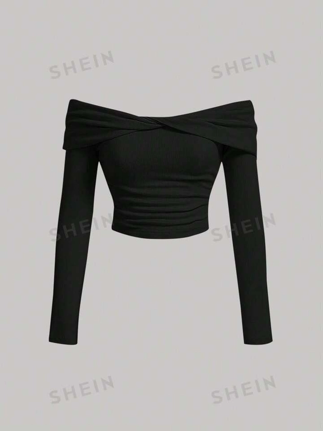 SHEIN MOD Women's Off Shoulder Twist Knot Long Sleeves Black T-Shirt