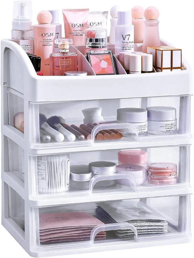 Amazon.com: Simbuy Makeup Organizer with 3 Drawers, Bathroom Vanity Countertop Storage for Cosmetics, Brushes, Lotion, Nail Lipstick and Jewelry (White) : Beauty & Personal Care
