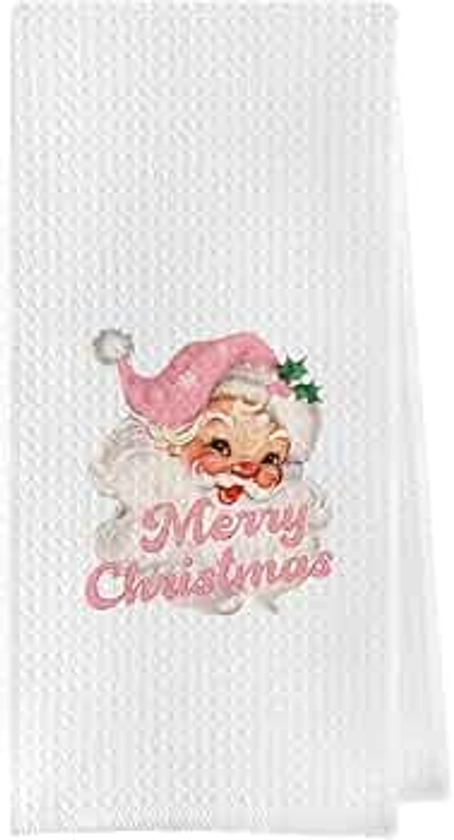 Geqtt Pink Christmas Kitchen Towels - Pink Santa Christmas Towels Kitchen, Merry Christmas Dish Towels for Kitchen, Pink Santa Tea Towels, Pink Santa Hand Towels for Bathroom (16×24 Inches)