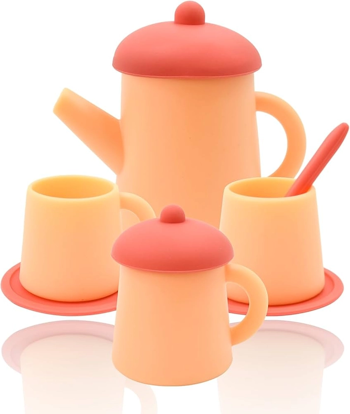 Coriver Silicone Tea Sets for Children, Toys Toddler Tea Set kids Kitchen Accessories, Pretend Play Toy Playset for Kids Boys Girls, Tea Party- Afternoon Tea Set for Home Travel (2. Orange)