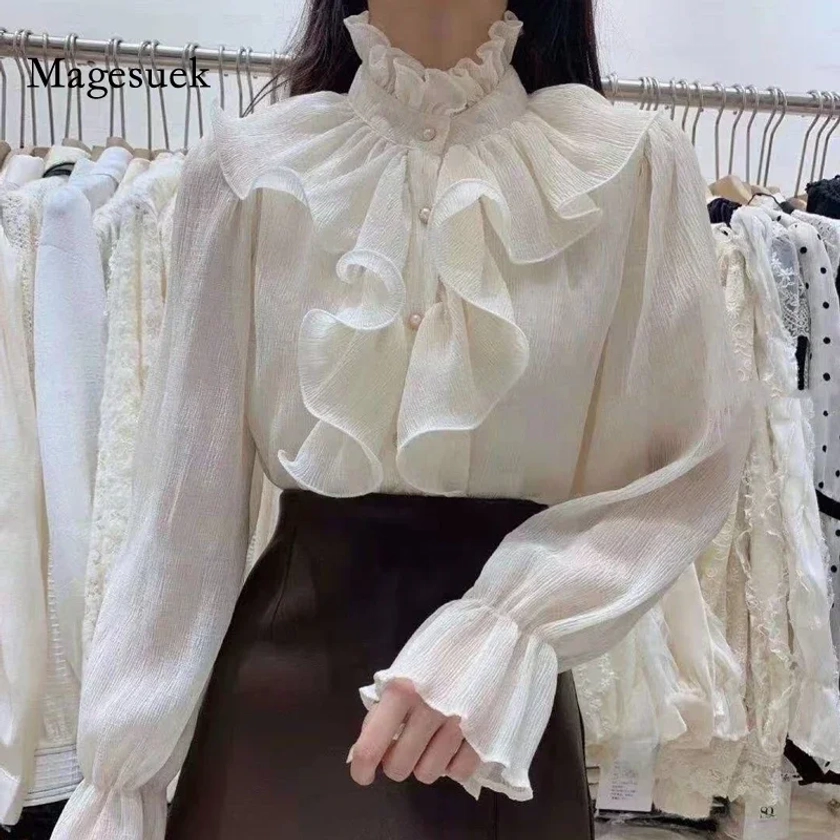 2023 Spring Ruffle Stitching Palace Blouse Women Long Flare Sleeve Buttons Ruched Loose Top New Stand Collar Chiffon Shirt 12946