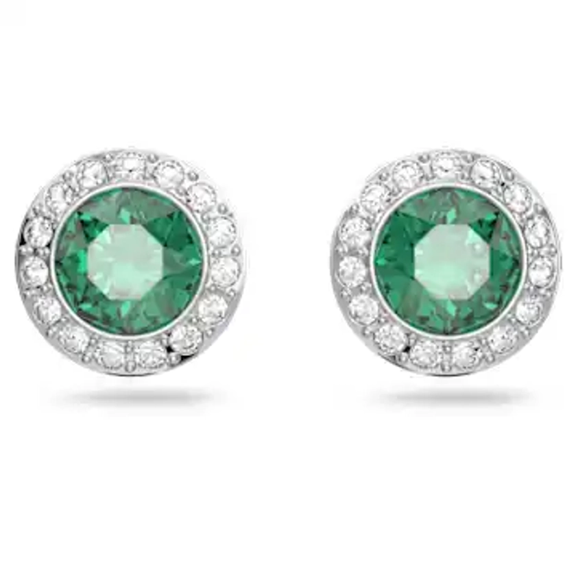 Una Angelic stud earrings, Round cut, Green, Rhodium plated