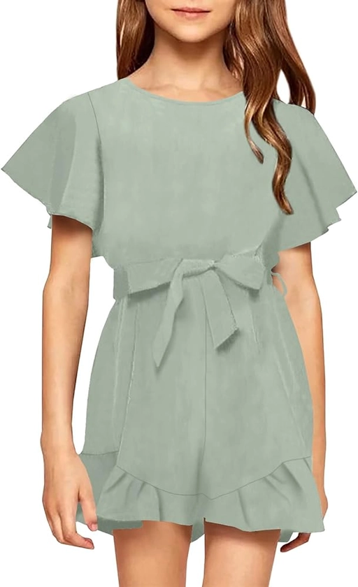 Girls’ Crew Neck Trim Short Sleeve High Waist Ruffle Jumpsuits With Belt