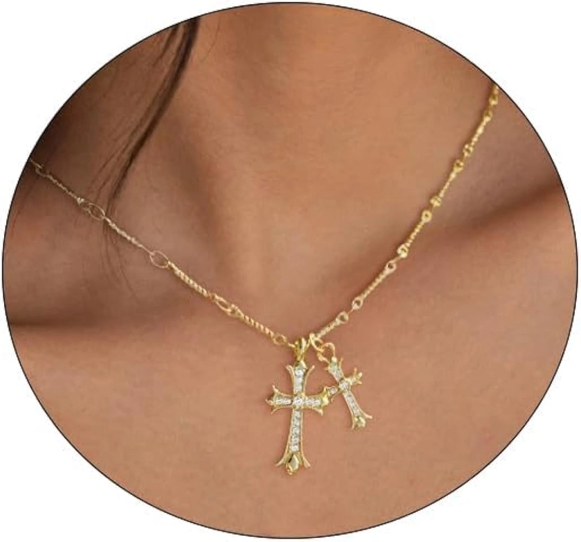 Cross Necklace 14K Gold/Silver Plated Double Cross Pendant Necklace Dainty Diamond Cross Charm Link Chain Choker Delicate Faith Jewelry Religious Gifts for Women Teen Girls Men Boys