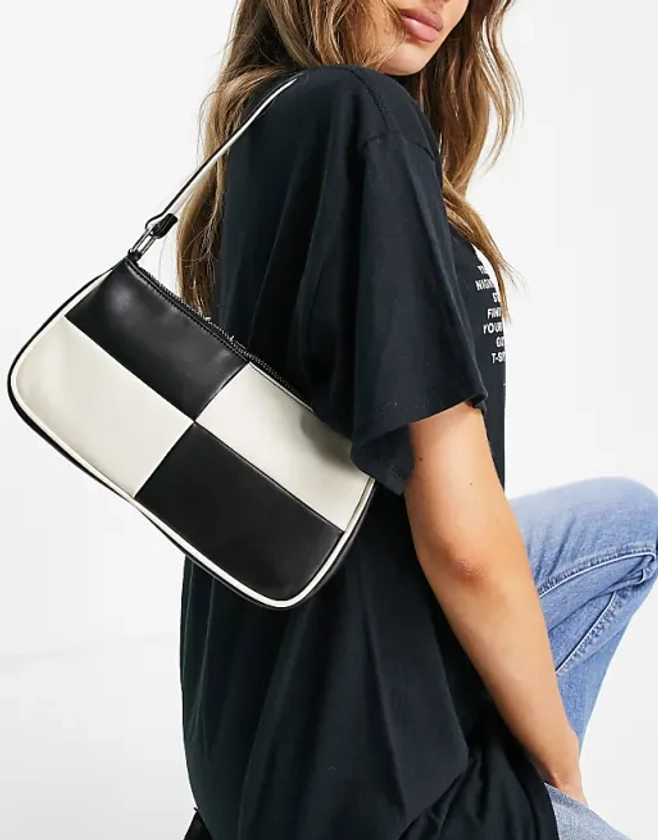 ASOS DESIGN slim 90s shoulder bag in black & off white patchwork | ASOS