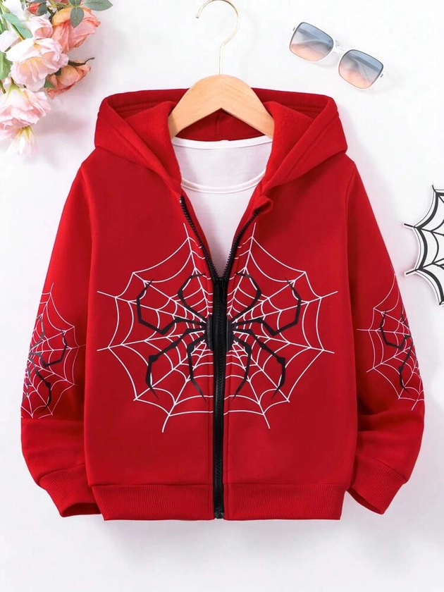 Tween Girl Spider Web Print Zip Up Hoodie Without Tee