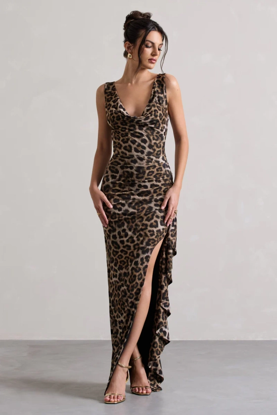 Kaida | Leopard Print Cowl-Neck Ruffled Split Maxi Dress