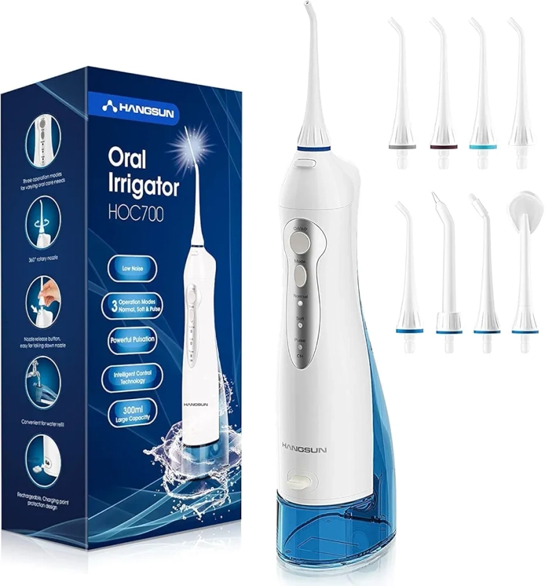 Hangsun Jet Dentaire Hydropulseur Irrigateur Oral, USB Chargé Portable Water Flosser, Réservoir 300 ml et 8 Buses de Jet pour Voyage et Maison HOC700