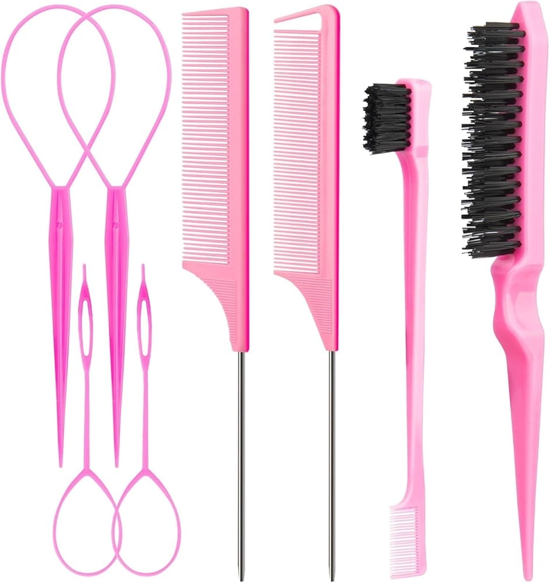 Aigee 8Pcs Hair Styling Combs Set Include 4Pcs Topsy Hair Tail Tools 2 Styles of Rat Tail Comb,1Pcs Bristle Teasing And Slick Back Hair Brush,1Pcs Edge Control Brush,Eyebrow Brush for Woman Girl Pink