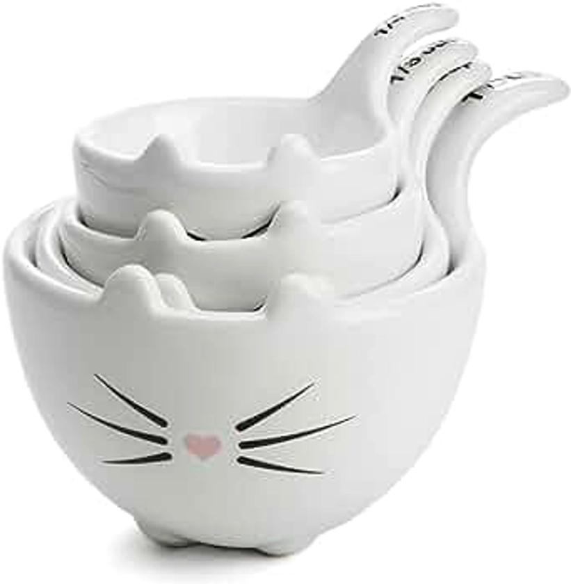White Ceramic Cat Measuring Cups: Set of Cat Shaped Bowls - 1 Cup, 1/2 Cup, 1/3 Cup and 1/4 Cup