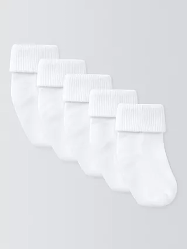 John Lewis Baby Organic Cotton Rich Roll Top Socks, Pack of 5, White