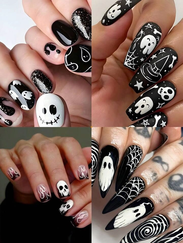 96 piezas Kit de uñas largas de Halloween, uñas postizas con diseños negros y blancos de fantasmas espeluznantes, calaveras y telarañas para fiesta o uso diario uña falsa uña acrílica