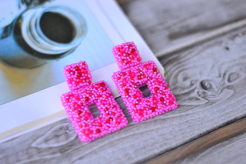 Beaded Rectangle Earrings Hot Pink Red Clip on Statement Prom Earrings - Etsy