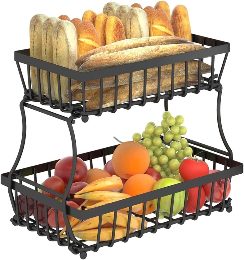 Koksi Panier de rangement rectangulaire à 2 niveaux pour comptoir de cuisine, pain, légumes, fruits, bol en métal amovible, noir