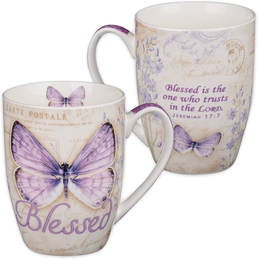 Amazon.com: Christian Art Gifts Botanic Purple Butterfly Ceramic Coffee Mug Inspirational Coffee Cup for Women & Men 12 oz. Lead-free Microwave and Dishwasher Safe Coffee Mug with Bible Verse: Blessed - Jer. 17:7 : Home & Kitchen