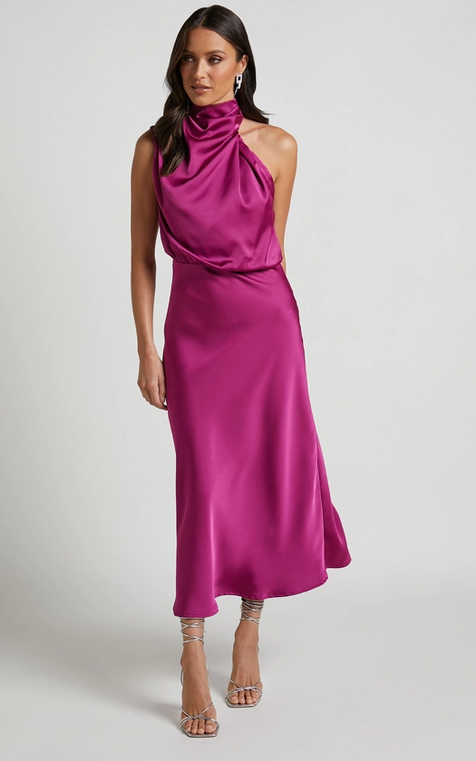 Minnie Midi Dress - Drape Neck Satin Slip Dress in Purple