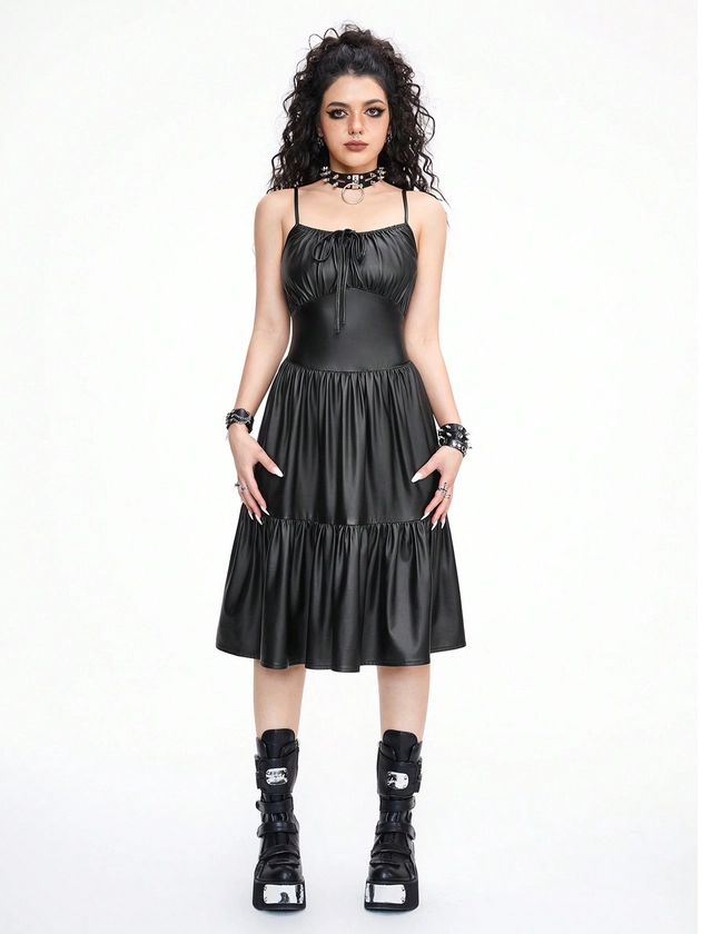 ROMWE Grunge Punk Women's Pleated And Ruffled Edge PU Fabric Spaghetti Strap Dress