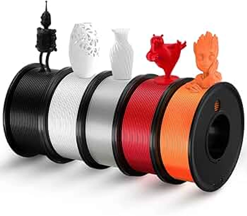 3D Printer Filament PLA 1.75mm 3-D Printing Materials 5 Color Bundle Print Filimate 1.75 mm White Black Clear Red Orange Filiment1.75 Accuracy ±0.02mm Fillament Spool Vacuum Pack 250G X 5 Roll
