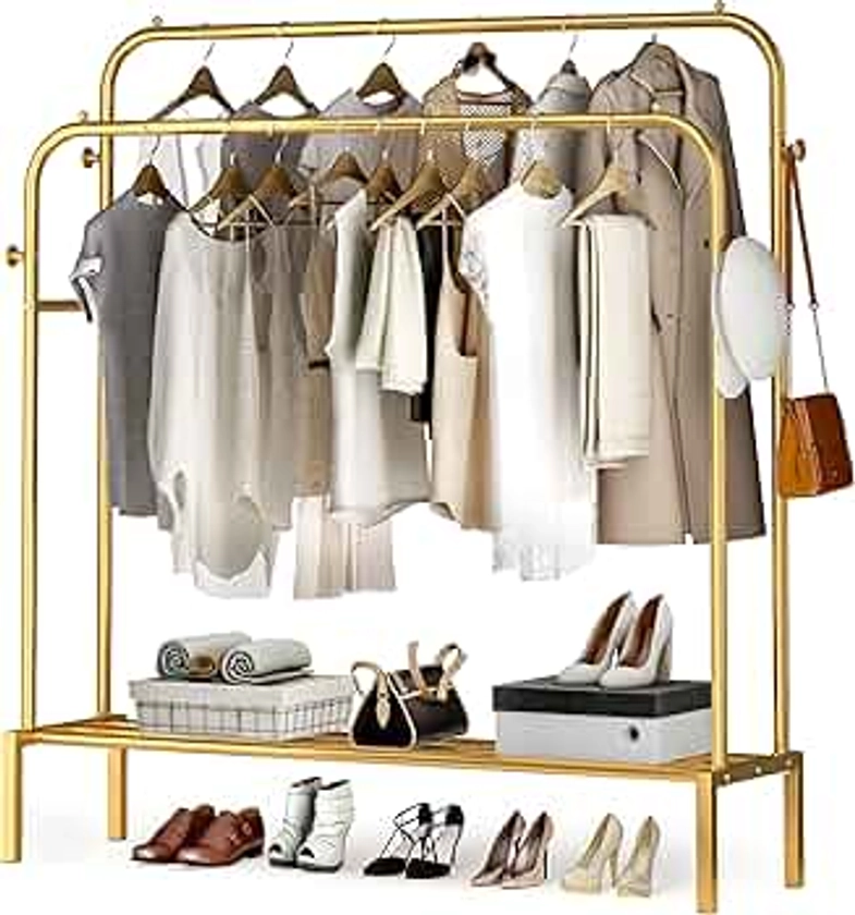 JOISCOPE Metal Clothes Rail, 43.7 * 55.5 Inch Clothes Rack for Bedroom with 2 Hanging Rails to Hang Clothes, 4 Clothe Hooks and Bottom Shelve for Hats, Boxes, Shoes and Clothes Storage, Gold