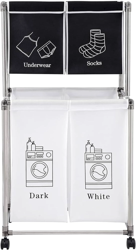 2 Tier Laundry Sorter with Wheels,Laundry Basket with 4 Removable Bags for Organizing Clothes(Black+White)