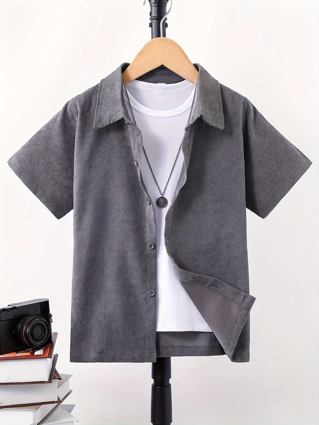 Boy&#39;s Corduroy Shirt, Versatile Gray Top, Short Sleeve Trending Loose Summer Spring Short Coat, Ideal For Travel Holiday Casual Wear