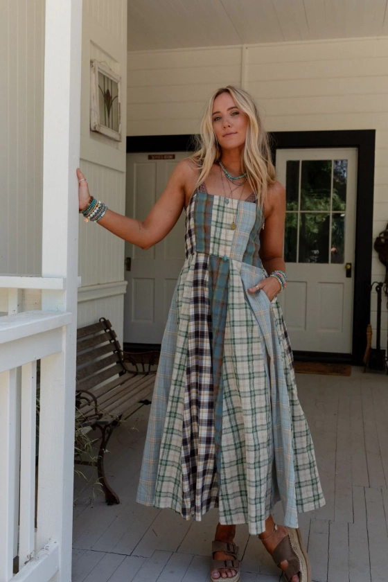 Western Charm Checkered Dress - Mint 