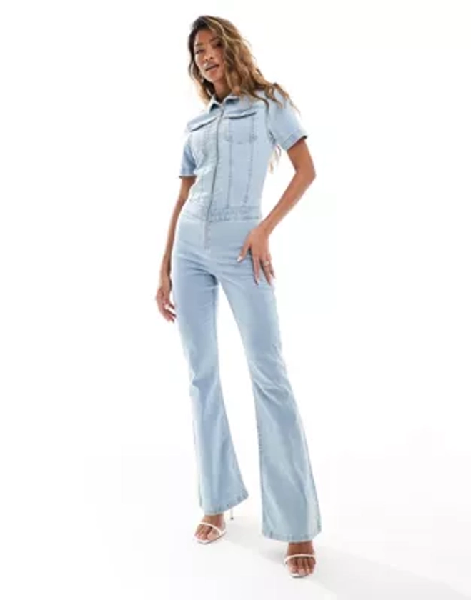 ASOS DESIGN stretch denim 70s jumpsuit in light blue
