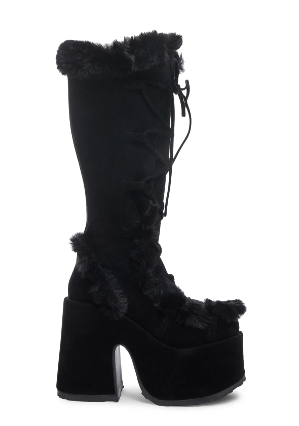 Demonia Faux Fur Knee High Platform Boots - Black