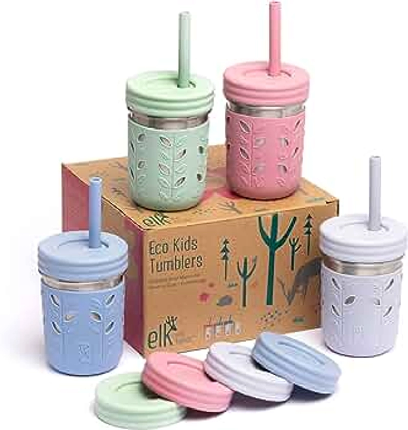 Elk and Friends Stainless Steel Cups | Mason Jar 10oz | Kids & Toddler Cups with Silicone Sleeves & Straws with Stopper | Spill proof Smoothie Cups