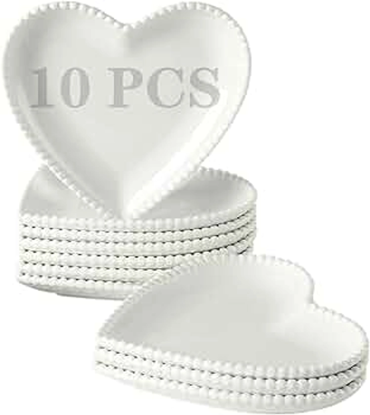 6.3 Inch Porcelain Appetizer Plates Set of 10, Heart Shape Small Dinner Plates, White Dessert Salad Plates Serving Dishes for Cake, Snack, Ice Cream, Waffles, Microwave, Oven, Dishwasher Safe