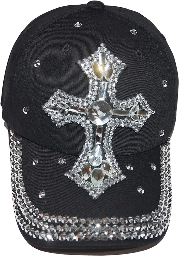 Popfizzy Womens Bling Cap, Rhinestone Baseball Cap, Bejeweled Distressed Denim Hat, Bling Gifts for Women