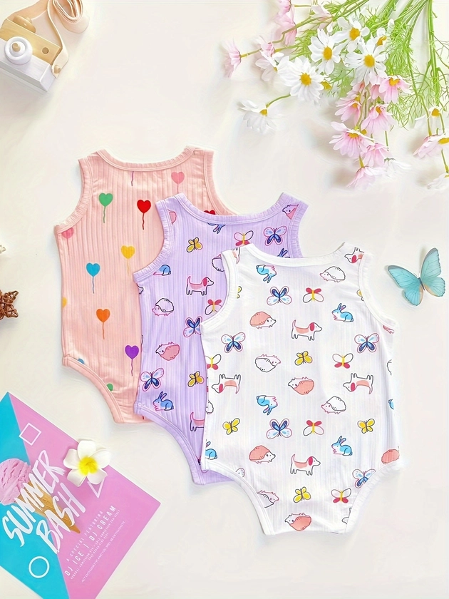 Baby Girl 3-piece Suit, Spring And Summer New Cute Cartoon Print Comfy & Soft Triangle Romper 3 Colors Available
