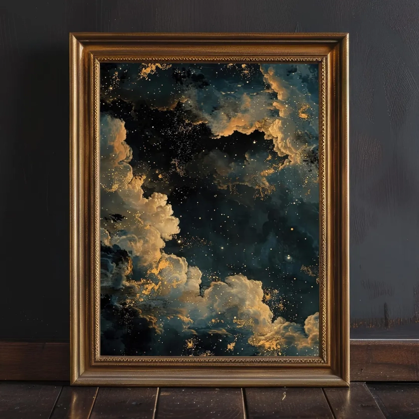 Moody Celestial Wall Art Print, Dark Academia Decor, Abstract Night Sky Stars Print, Blue Gold Vintage Maximalist Oil Painting, Gothic Print - Etsy Japan