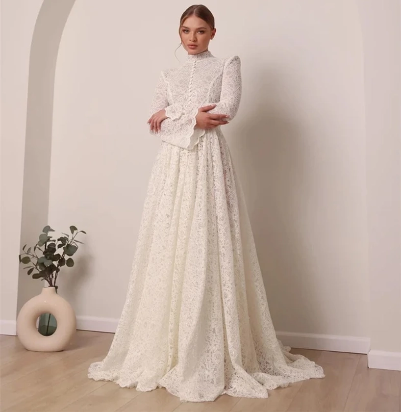 Nuovo abito da sposa musulmano in pizzo collo alto maniche lunghe a-line abito da sposa lungo fino al pavimento Vestidos de novia abiti arabi de mariée