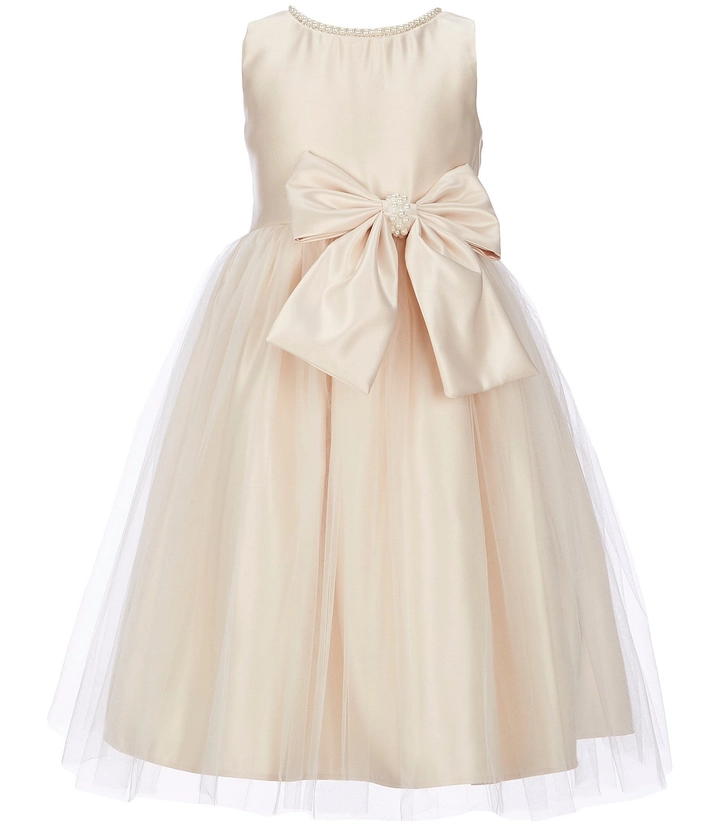 Sweet Kids Little Girls 2-6 Sleeveless Dull Satin Pearl Trim Bow Detail Tulle Tea Dress | Dillard's