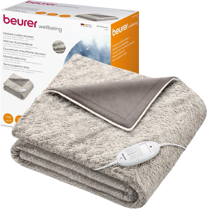 Beurer HD 75 Cosy Nordic Couverture chauffante, couverture électrique confortable en apparence de fourrure, 6 réglages de température, lavable en machine, avec arrêt automatique, beige / marron