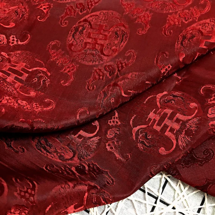 PURE MULBERRY SILK fabric by the yard - Dark red pattern silk - Handmade fabric - Gift for women - Silk for sewing - Dress making