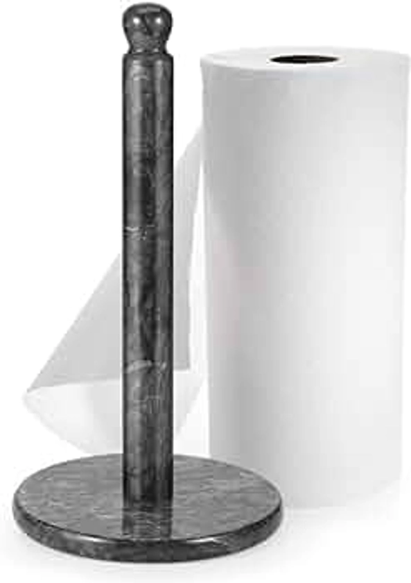 Flexzion Marble Paper Towel Holder 12 inch (Black Marble) Kitchen Paper Towels Roll Dispenser Stand Rack with Marble Pole and Weight Base for Countertop Tables Home Dining Bathroom Storage